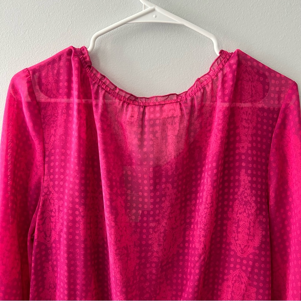 Chico’s Damask Shimmer Lacy Top 3/4 Bengali Pink Sheer Blouse NWT Size Large (2) - Picture 9 of 9